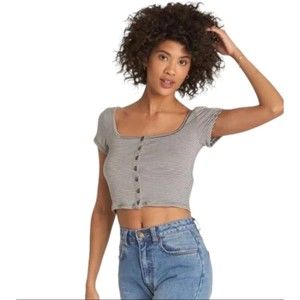 Billabong Short Sleeve Cropped Button Front T Shirt Women L Tan Blue Striped